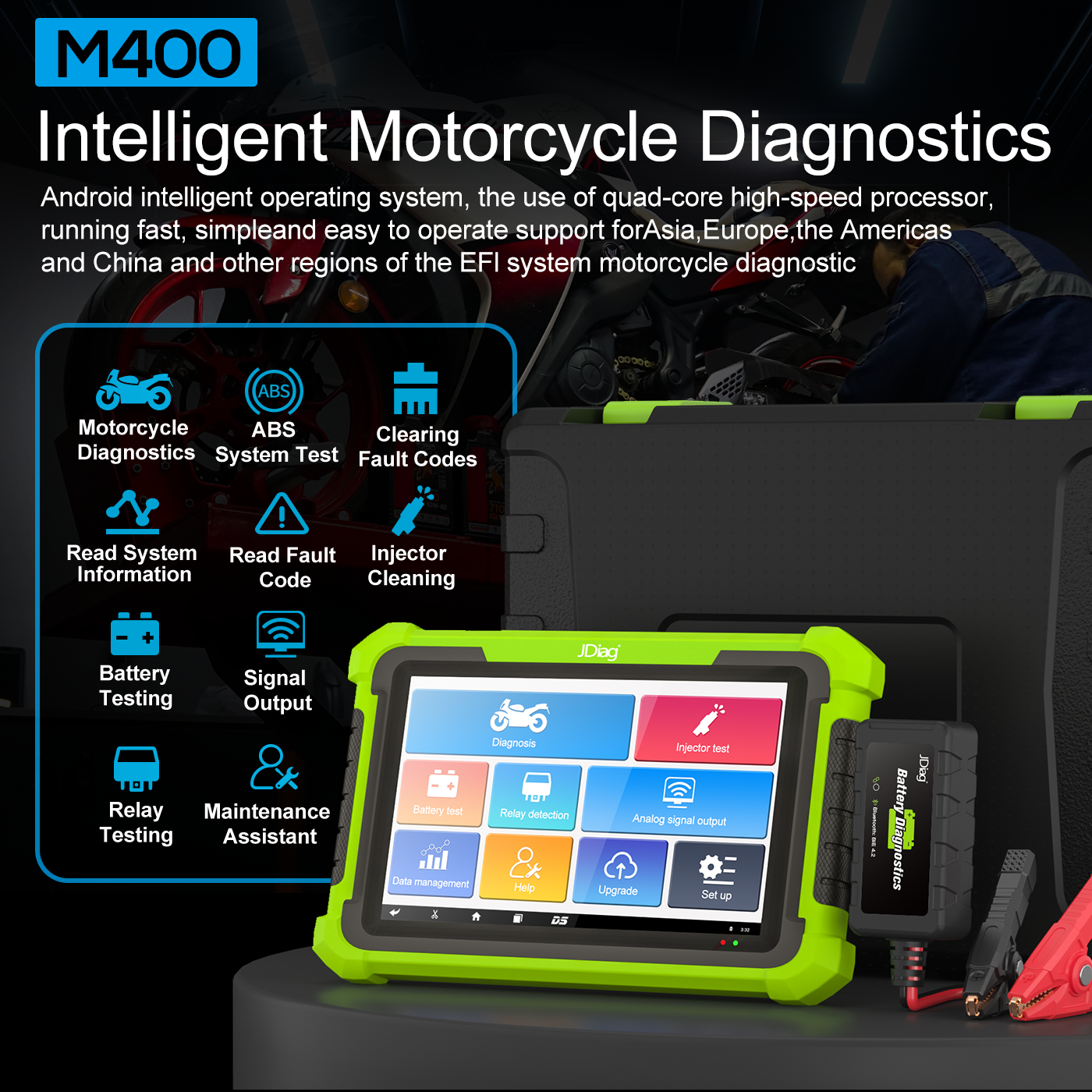 JDiag MOTOSYS M400 Universal Intelligent Motorcycle OBD2 Scanner 8.0 inch Tablet Scanner Android System